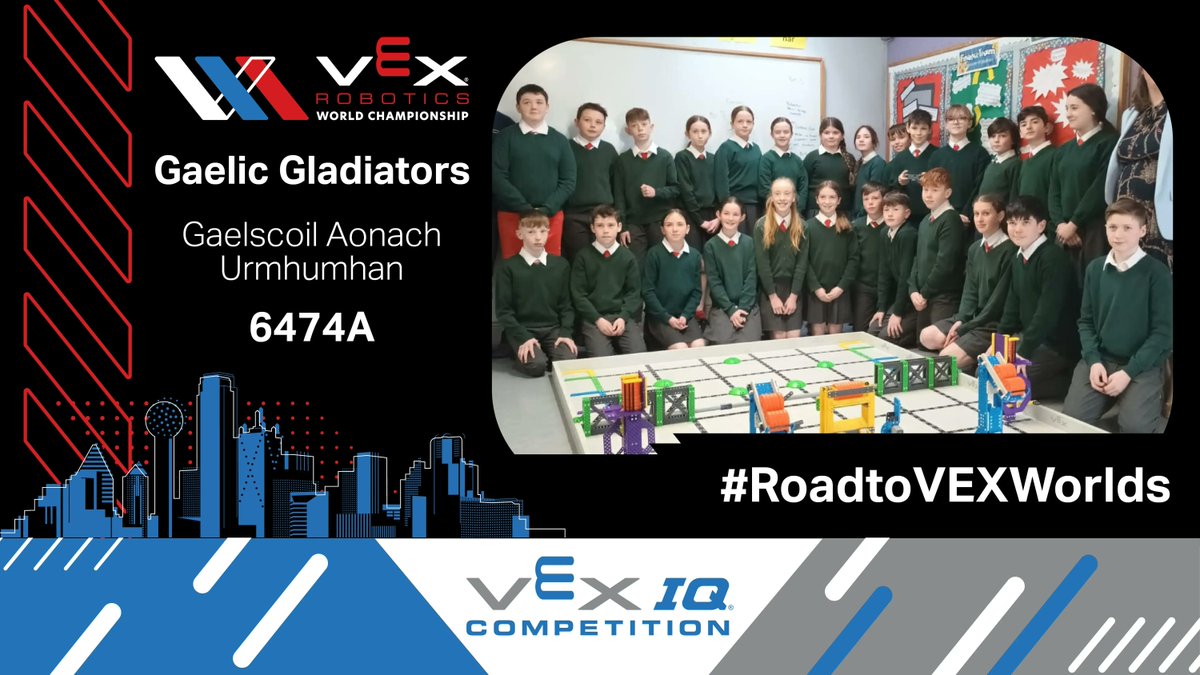 Kicking off the #RoadtoVEXWorlds for #VIQC in Ireland this season, it's Gaelic Gladiators, 6474A from Gaelscoil Aonach Urmhumhan, County Tipperary.

This <a href="/GaelscoilAU/">GaelscoilAU</a> team scored highly in skills at #VEXIRNationals and are hoping to continue their good work at #VEXWorlds!

#VEXIE