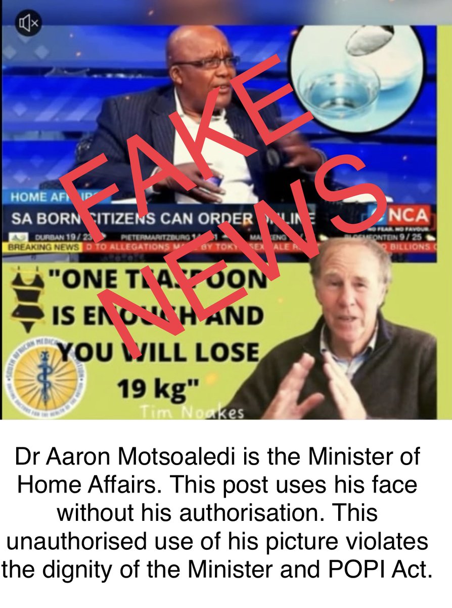 HomeAffairsSA's tweet photo. Dr Aaron Motsoaledi is the Minister of Home Affairs. This post uses his face without his authorisation. This unauthorised use of his picture violates the dignity of the Minister and #POPIAct. https://t.co/pC6ZuLyWee