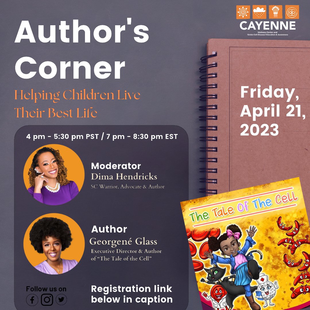 SCCConsortium's tweet photo. Join CayenneWelless on 4/21/2023 for their Author's Corner on Helping Children Live their Best Life with Dima from @ttpainorg. She will moderate the conversation with author GeorgenΓ© Glass from @DreamsiCkleKids!
Register https://t.co/kSziRBU3D2
#scdeducation https://t.co/ix799oz0mB