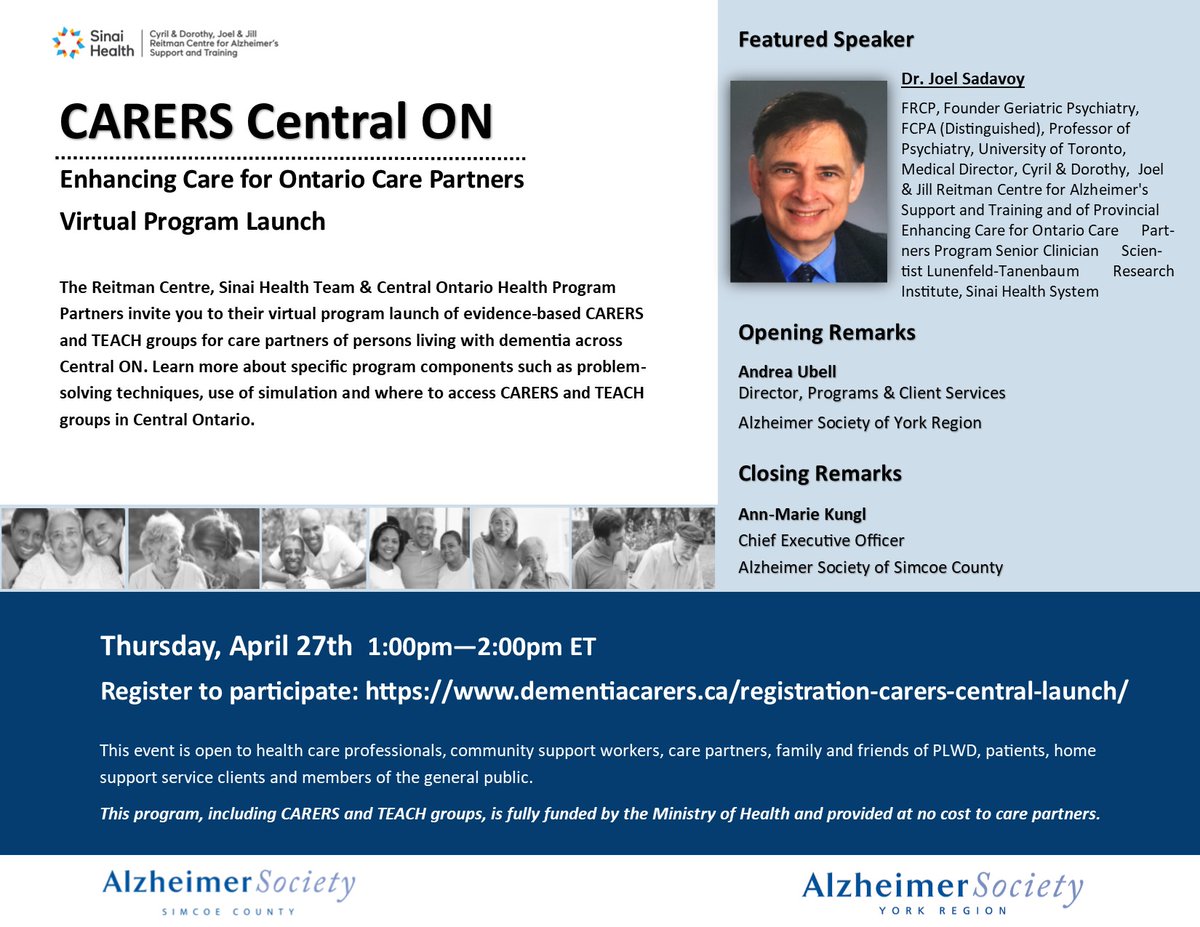 Join us with members of the Enhancing Care Program provincial team as we re-launch #CARERS groups in Central ON. Share this post w/your #carepartner or #dementia networks &amp; use this link to register.

ow.ly/VA9I50NHmvG
<a href="/BSOProvOffice/">Behavioural Supports Ontario – Provincial Office</a> @PGLO_Geriatrics <a href="/AlzheimerOnt/">Alzheimer Society of Ontario</a>
