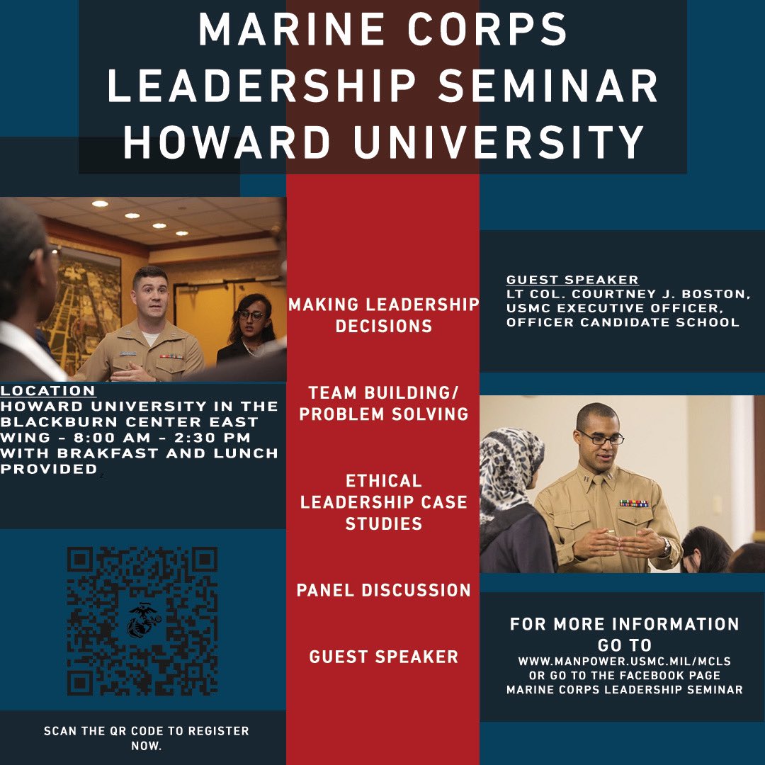 Join us for the Marine Corps Leadership Seminar at Howard University tomorrow April 21. To learn more about this event visit manpower.USMC.mil/MCLS

#LeadershipDevelopment #leadership
#marines #Marinecorps