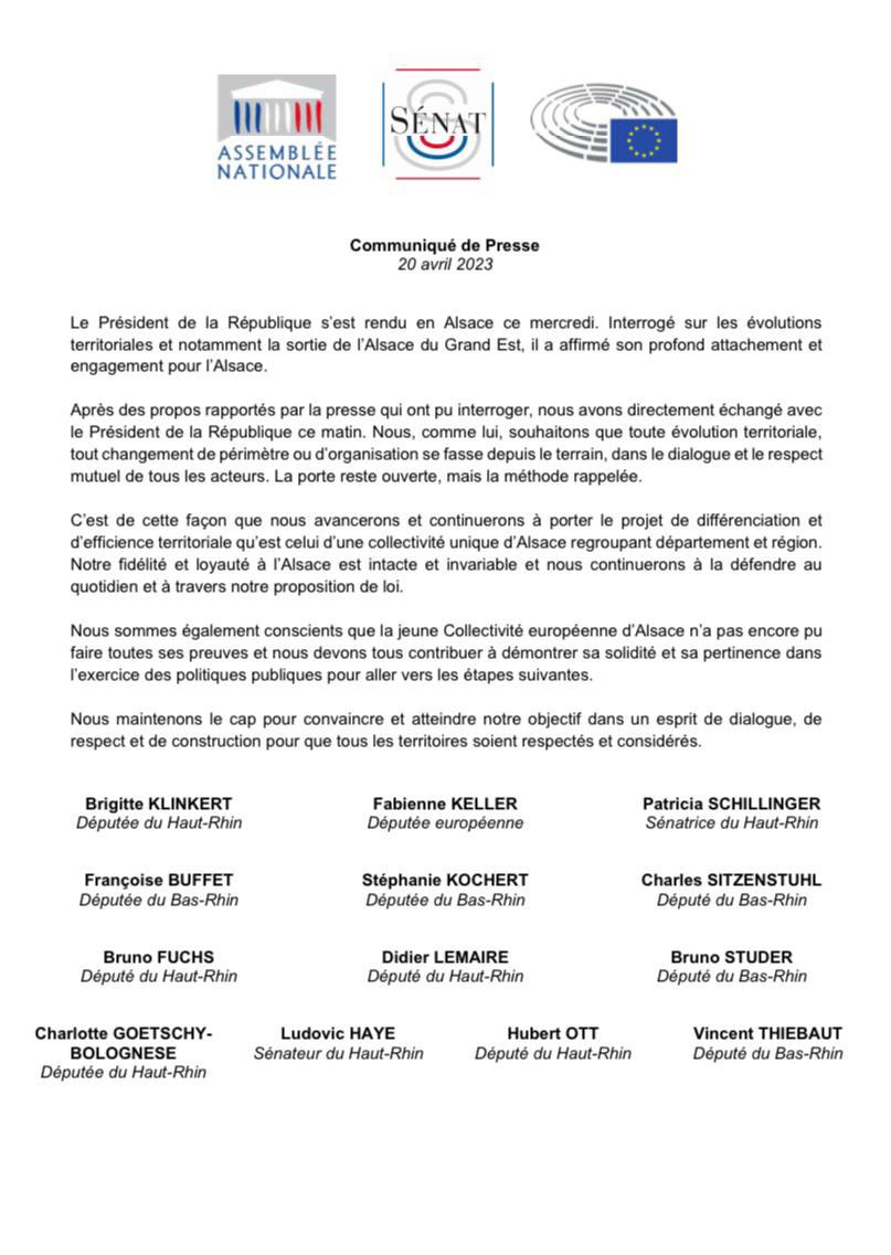KlinkertBrigitt's tweet photo. Suite à mon échange de ce matin avec le Président de la République qui s’est montré rassurant sur l’avenir de l’Alsace, il ressort des discussions avec mes collègues parlementaires alsaciens de la Majorité présidentielle, le communiqué de presse ci-dessous. https://t.co/0dZLKhC1vI
