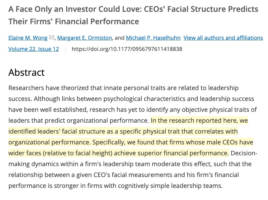 amin_archive's tweet photo. “We found that firms whose male CEOs have wider faces achieve superior financial performance.” #fWHR #blackpill https://t.co/y8BV00dJIu