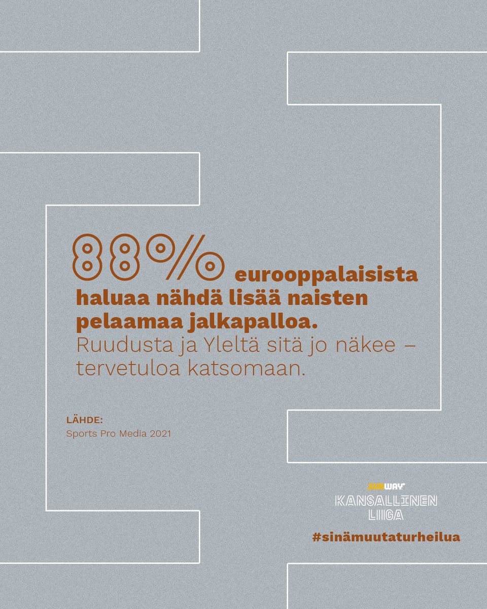 Eurooppalaiset haluaisivat nähdä naisten pelaamaa jalkapalloa enemmänkin.

Subway Kansallisen Liigan kaikki ottelut näet Ruutu+ -palvelusta.

Kaikki silmäparit merkitsevät niin katsomoissa kuin lähetysten äärellä.

Sinä muutat urheilua.

#KansallinenLiiga #SinäMuutatUrheilua