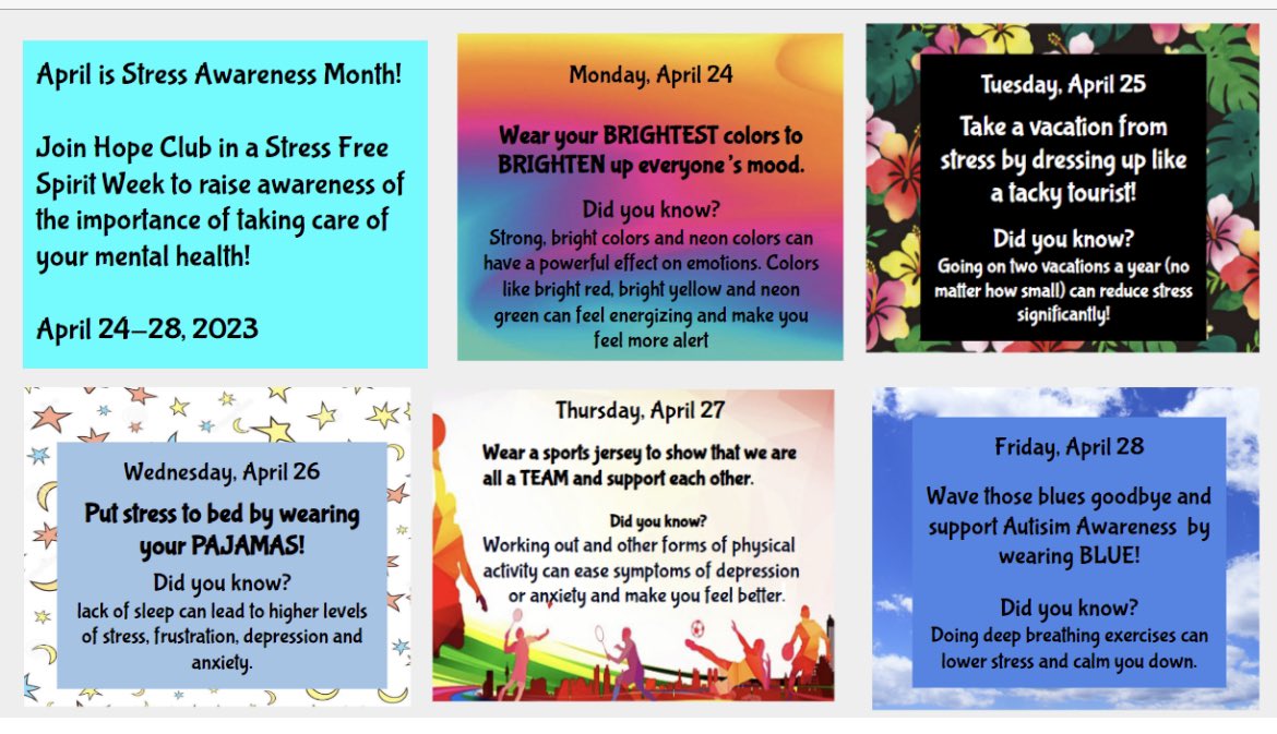 Update to next week’s spirit week. Please follow the updated flyer below! Looking forward to a Stress Free Spirit Week!