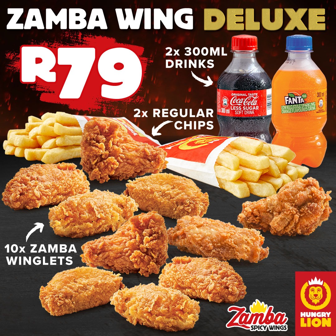 CosmoMall's tweet photo. Elevate your day to the next level with Hungry Lion Zamba Wing Deluxe 📷 with 10x Zamba winglets, 2x regular chips, and 2x 300ml drinks. It's the ultimate deluxe wing experience! 
Available every day 📷
#Cosmomall  #HungryLikeALion #friedchicken #chicken #bonang #Stage1 https://t.co/NQJm5XImFd
