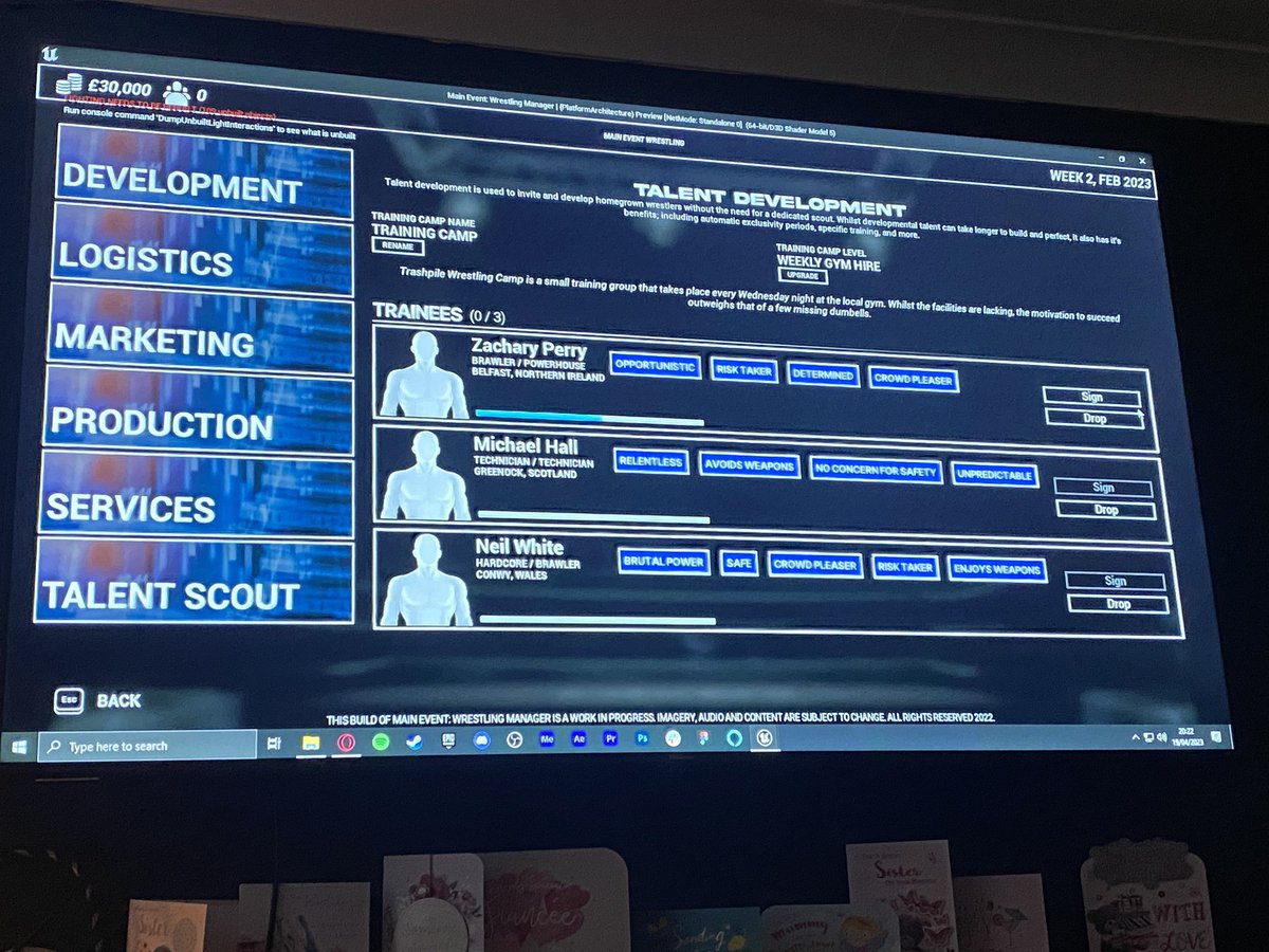MainEventGame's tweet image. Very early WIP of the talent development screen posted on our Insta story last night 👀

#maineventgame
