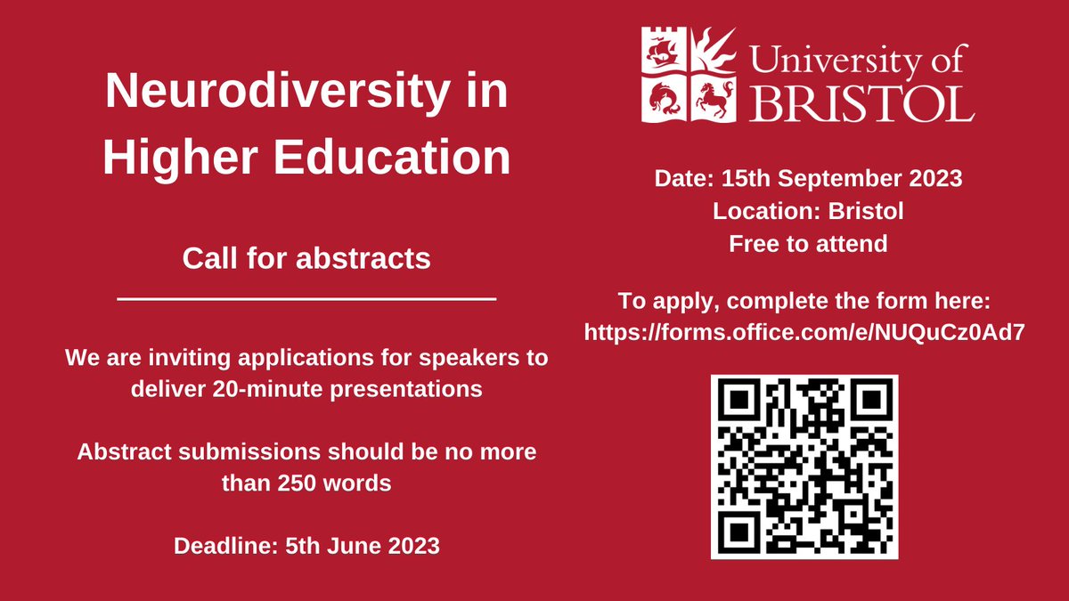 📢 Call for abstracts! 📢
We're looking for speakers for our Neurodiversity in Higher Education conference on 15th Sept.
PhDs &amp; ECRs are welcome and we encourage participation from ND researchers. 
250 word abstracts are due by 5th June. Apply here forms.office.com/e/NUQuCz0Ad7