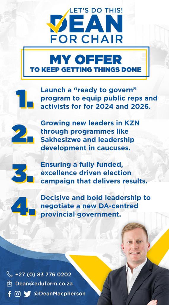 DeanMacpherson's tweet photo. Today I have launched my 4 point offer on how to keep getting things done in KZN.
Let’s do this! ✌️
#DeanForChair #LetsDoThis https://t.co/uE4GUzIqq7