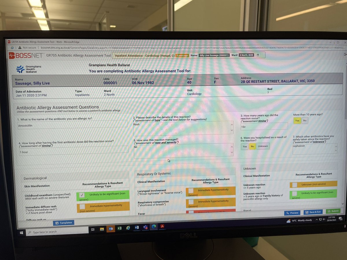 's tweet image. Congratulations to staff involved in the check again project! The antibiotic assessment form is live, helping clinician’s review patient’s antibiotic allergies. We tried it out with our fake patient “silly sausage” @SaferCareVic @GrampiansHealth