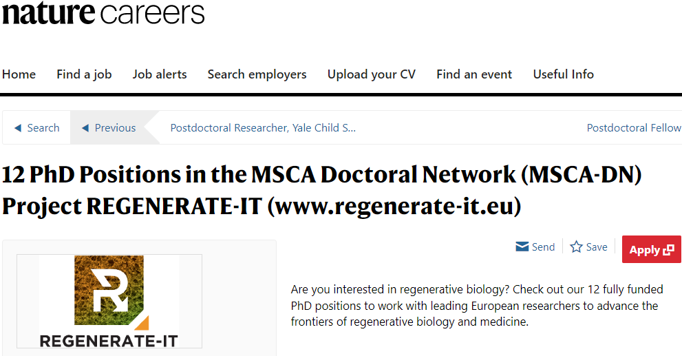 Are you passionate about regenerative biology? Do you want to join a network of 12 PhD positions in the MSCA Doctoral Network project REGENERATE-IT? Apply now before the deadline!

nature.com/naturecareers/…

#naturecareers #PhDposition #findaphd #PhD #MSCA #doctoralnetworks