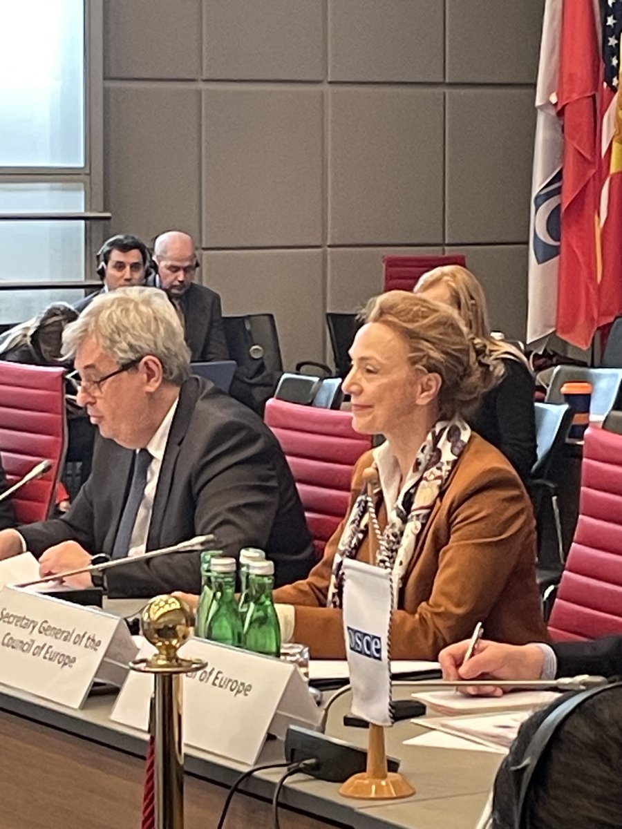 Welcoming @coe Secretary General @MarijaPBuric to the #OSCE Permanent Council – excellent cooperation with the OSCE in the face of Russian aggression in Ukraine on promoting human rights, media freedom, anti-trafficking efforts and national minorities @UKDelCoE