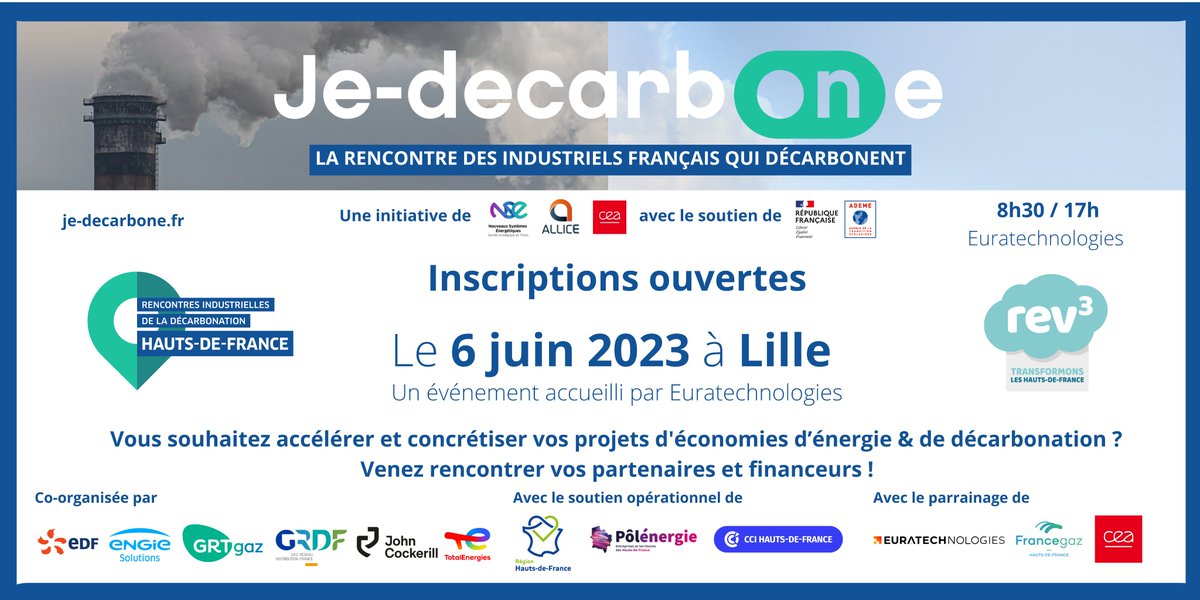 Je-decarbone organise une rencontre en Hauts-de-France le 6 juin à Lille ! L'objectif : Accélérer les économies d’énergie et la décarbonation dans notre industrie en s'appuyant sur des solutions développées et fabriquées en France. Inscriptions : je-decarbone.fr/rencontrer