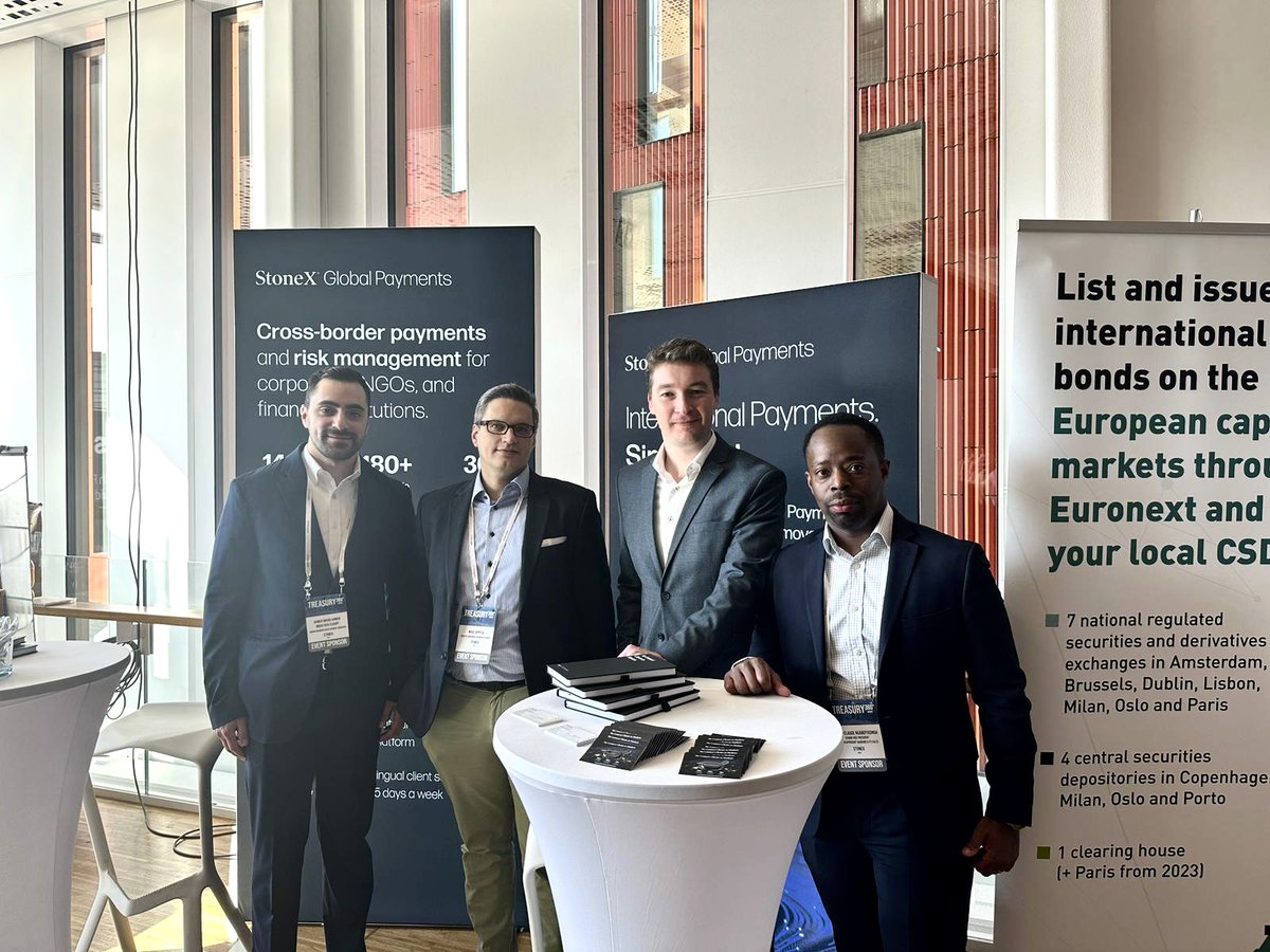 Drop by booth 25 at the Treasury 360° Nordic 2023 conference in Malmö and visit the StoneX Global Payments Team.

Meet Marc Joppeck, Maja Goetz, Jerome de Graaf, Ahmed Elkady and Jean-Claude to learn more about global payments.

treasury360nordic.confetti.events