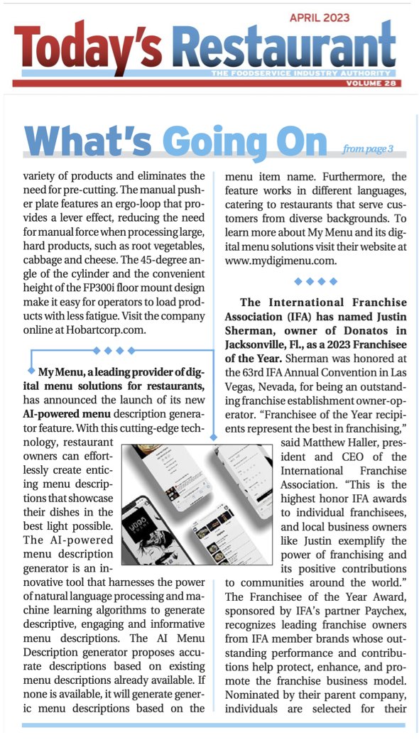 mydigimenu's tweet photo. Thank you Terri McKinney and Today's Restaurant News, Inc.! Very few publications such as yours believe in editorials based on news/content value instead of commercial / advertising spending. The below coverage is very much appreciated! @TRNUSA  #trnusa https://t.co/X9Q4dfox1h