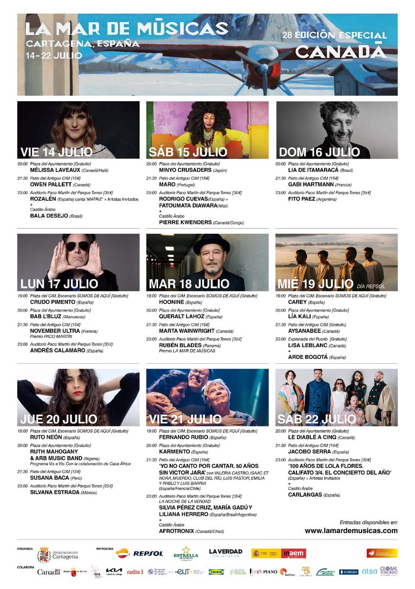 mardemusicasct's tweet photo. Aquí tenéis la programación de la 28 edición de La Mar de Músicas, en el que el festival hará un Especial Canadá y homenajeará a Lola Flores y Víctor Jara.  Las entradas y los abonos ya están disponibles en nuestra web https://t.co/6XbL9uIJMO https://t.co/EwZ4p5nPqn