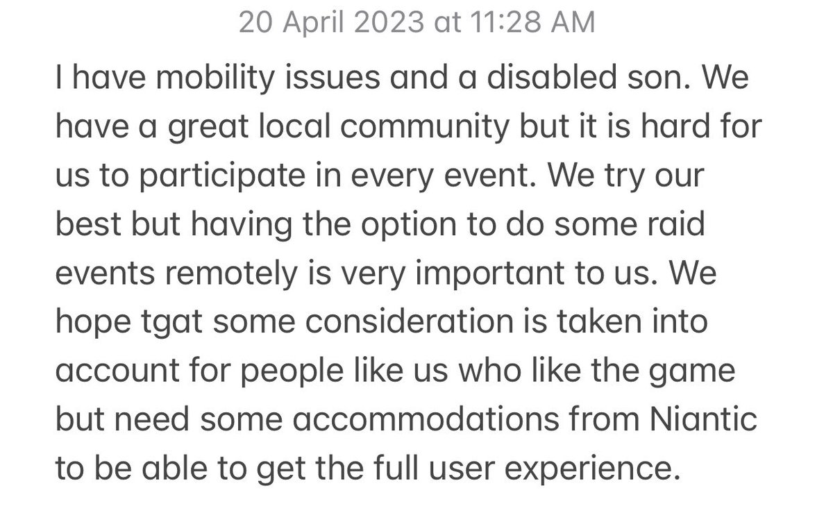 PoGo_Raiding's tweet photo. « I have mobility issues and a disabled son. We have a great local community but it is hard for us to participate in every event. » - Go Raiding survey participant. 

Leave your testimonials on https://t.co/TqE3VGCuAq.

#GoRaiding #HearUsNiantic #HearUsNiantic2 https://t.co/xqwipVHLbQ