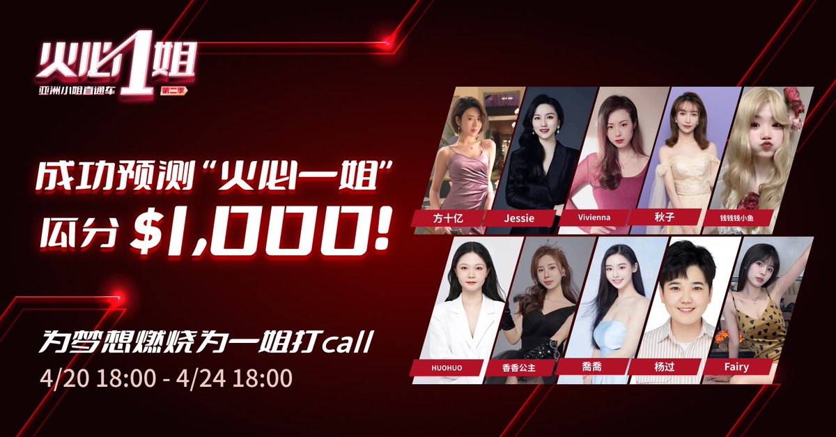 HuobiGlobal's tweet photo. 🎉 祝贺 #火必一姐 华语10强诞生！
⏰ 总决赛将于【4月24日18:00】在Huobi Live举办!

哪位女神是您心中的【火必一姐】？请为她投票！
成功预测“火必一姐”的粉丝，瓜分 $1000 奖金！

参与方式：
✅ 关注 @HuobiGlobalzh  @MissHuobi  
✅ RT+Tag3位好友 +标记#预测火必一姐
✅ 填写表单，Pick您最爱的姐姐 
https://t.co/brE2eNnV8S