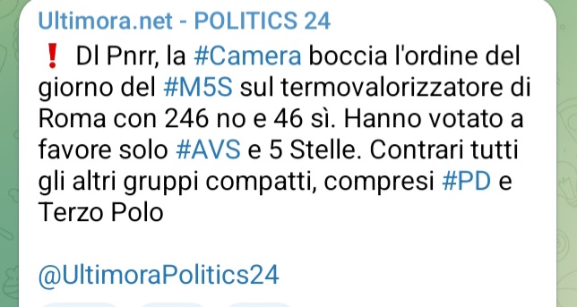 MonicaBergamas9's tweet photo. Come preannunciato dal nuovo che avanza nel PD, la segretaria Elly Schlein, nella votazione della Camera sull'o.d.g. del M5S sul termovalorizzatore di Roma il risultato è stato di 246 no e 46 sì ed il PD si è schierato con Destra e Terzo Polo, mentre solo M5S e AVS a favore. https://t.co/YpGDs3fA2v