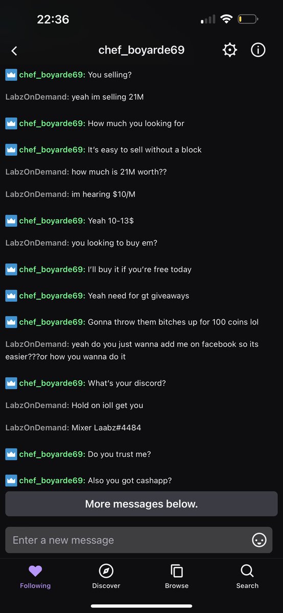 LaabzTV's tweet photo. Chef_boyarde69 on Twitch. Said I wouldn’t blast your name till 8AM but I’m tired of waiting on a DM reply. Also throwing the owner of a coin buying website under the bus as well as a fellow madden streamer. Learned my lesson tho. #madden #MUTScammer #Scammer https://t.co/TEOBPydfaE