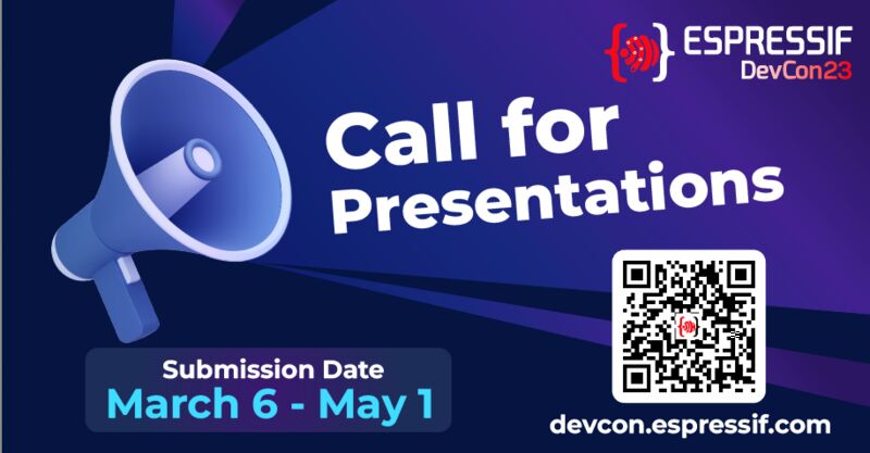 #TechnologyPartner 📢 Attention all tech enthusiasts! Espressif is excited to announce that 'Call for Presentations' is now open for the upcoming #DevCon23 event on September 12-13. Submit your proposals now! 👉 devcon.espressif.com 📌 #EmbeddedSystems #Semiconductor #IoT #BLE