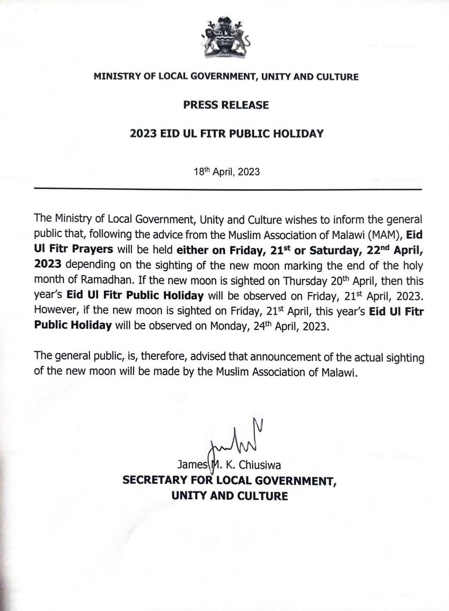 Press Release: 2023 Eid UL Fitr Public Holiday