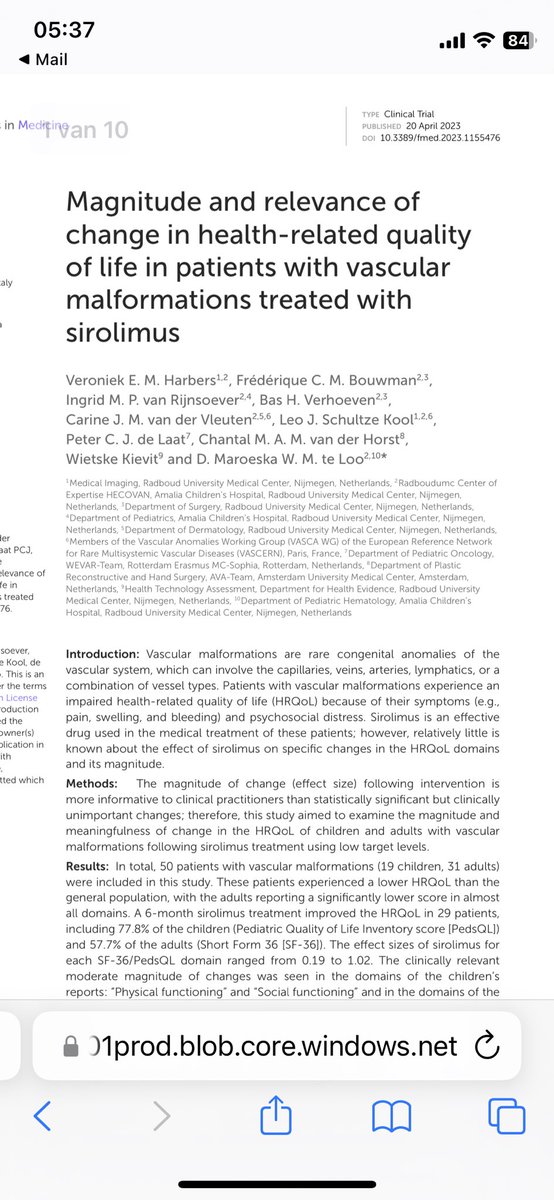 Vandaag is ons artikel over QoL en Sirolimus behandeling bij vaatmalformaties gepubliceerd! Trots!