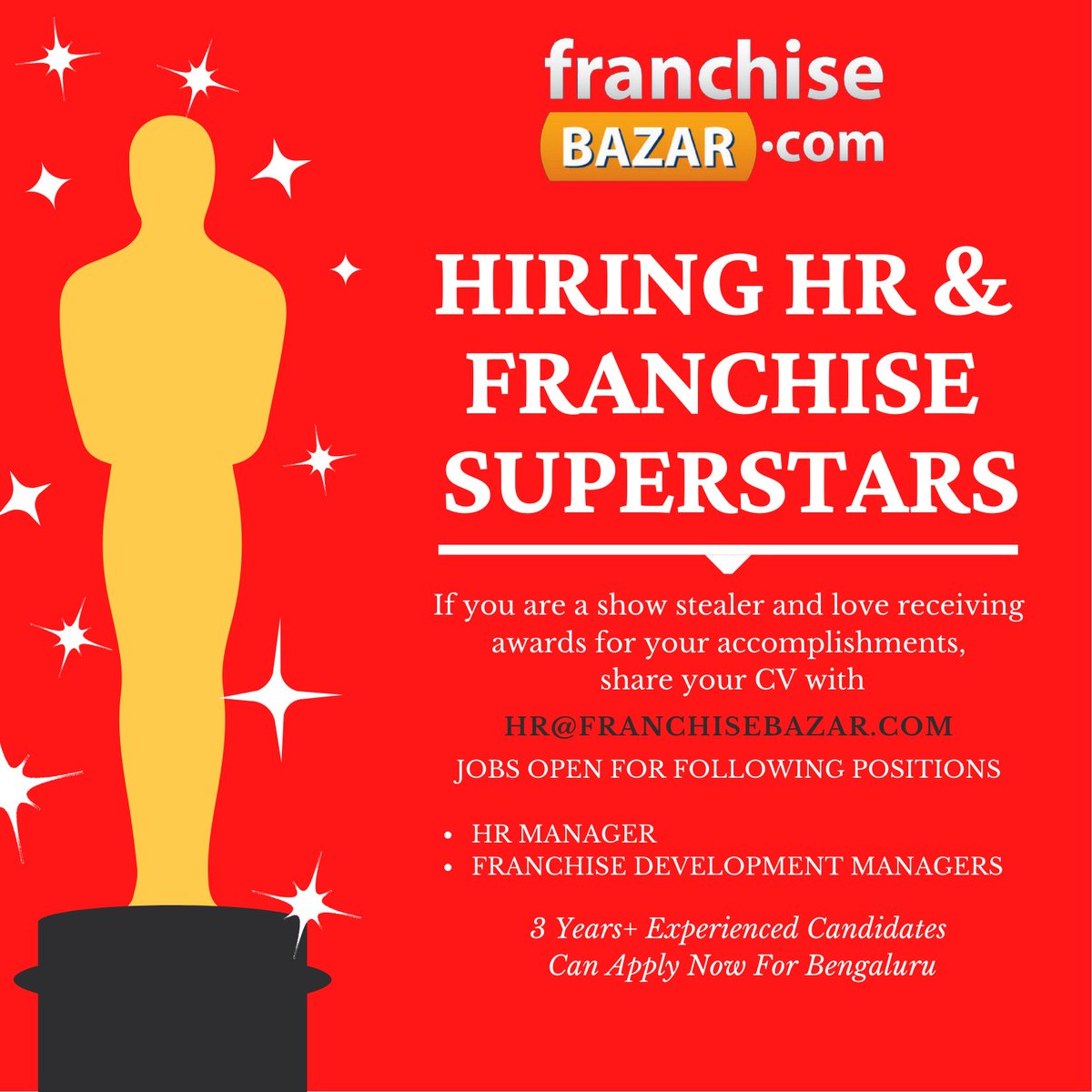 We are #Hiring #HumanResources & #FranchiseManager in #Bengaluru.

Minimum of 3 years of relevant experience and fluent in English & Hindi, You can  apply for these job openings now.

#jobopenings #hiringalert #applynow #hrmanager #hrmanagerjobs #franchisejobs #franchisemanagers
