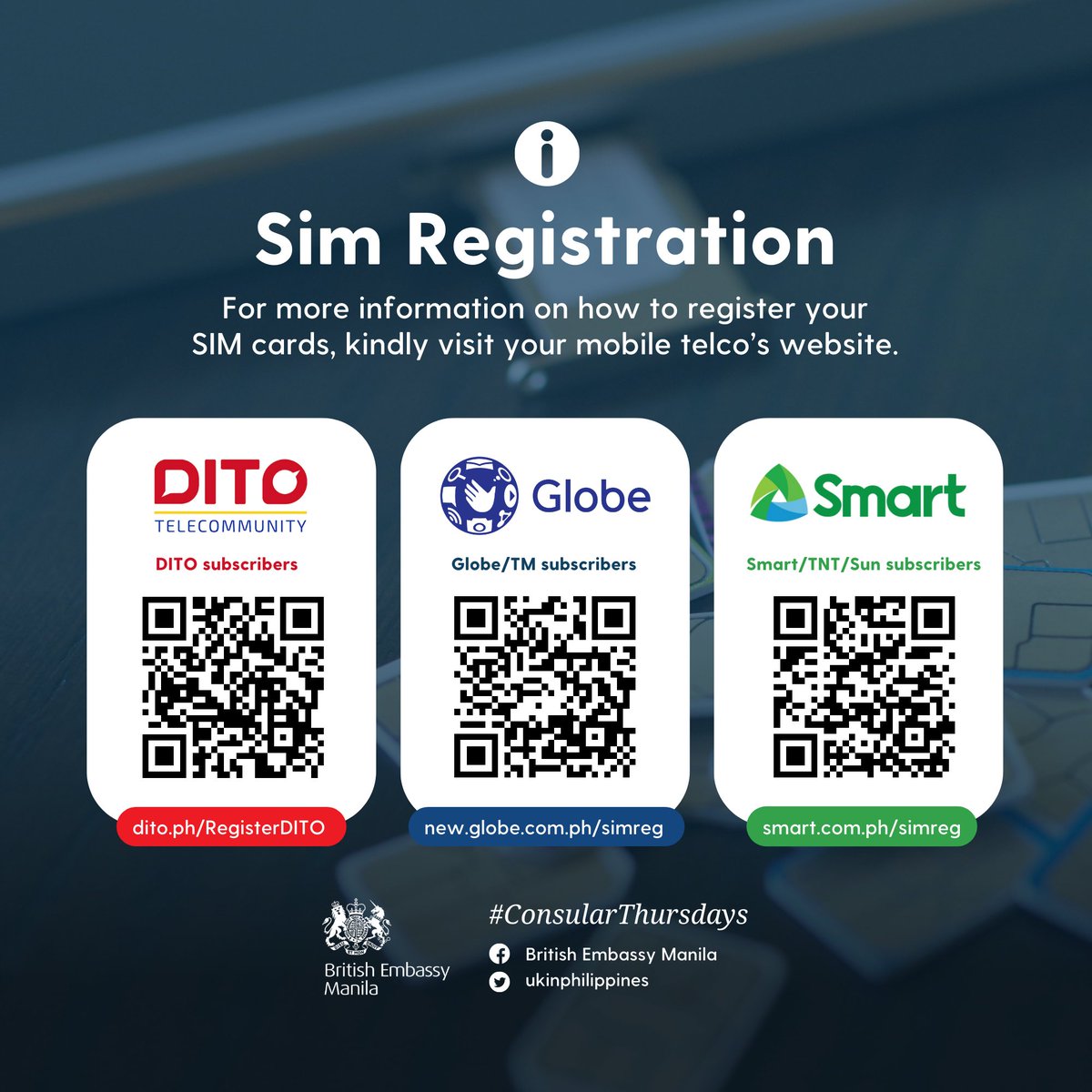 #DidUKnow that the deadline for registering your SIM is on 26 April?

All existing mobile phone & broadband subscribers are given only until Wednesday next week to register their SIM cards. SIMs shall be deactivated if you fail to register before the deadline.

#ConsularThursdays