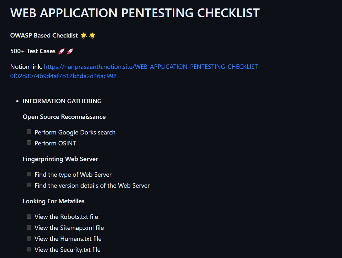 DailyDarkWeb's tweet image. Web Application Pentesting Checklist
github.com/Hari-prasaanth…
#pentest #checklist #owasp