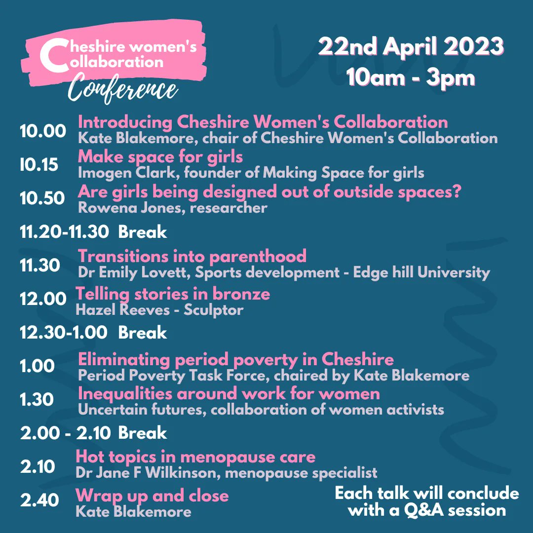 It's here ! The final line up and there is still time to book.

Join us face to face at #crewehall or online to book Check out "Cheshire Womens Collaboration Conference" on Eventbrite!

Date: Sat, Apr 22 • 10:00 BST

eventbrite.co.uk/e/cheshire-wom…