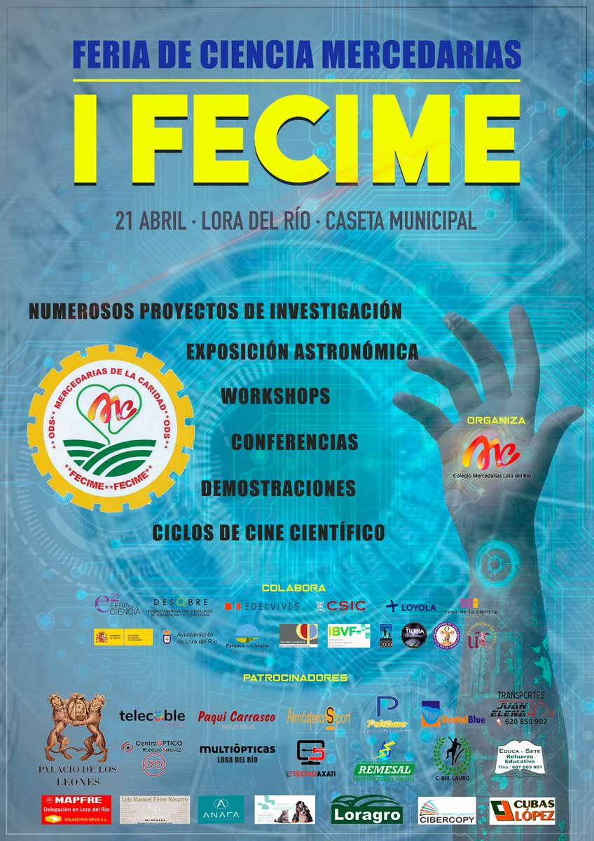 FDescubre's tweet photo. Mañana viernes se celebra la I Feria de Ciencia #Mercedarias #FECIME en #LoradelRío, con nuestra muestra #DelaTierraalUniverso y ciclos de cine científico, teatro, conferencias y demostraciones de ciencia en familia. 
🕤Desde las 9:30h 
📍Caseta Municipal
#cienciaenlacalle https://t.co/bUDNLsHb11