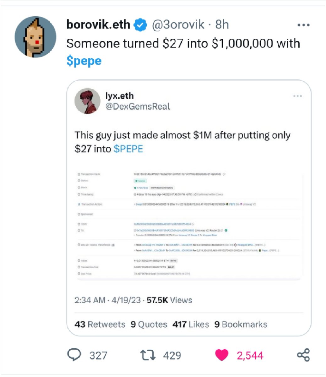 from_spe's tweet photo. Turned $27 into $1M  $Pepe https://t.co/nQmdPh5CZX