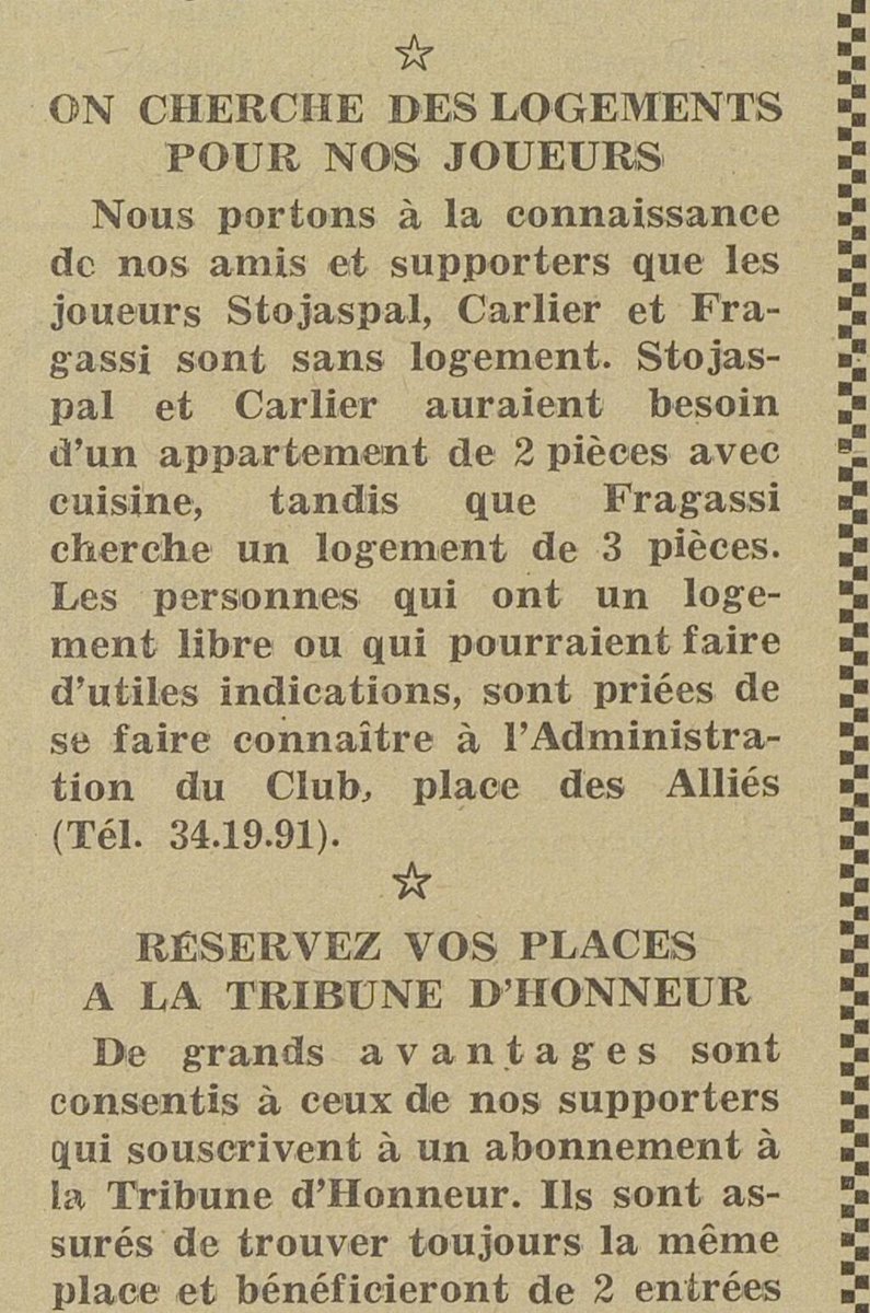 1RacingDatabase's tweet photo. @lequipe @RCSA 🗞️ Encore une pépite dans les archives ! Le 29 août 1954, dans le programme d'avant-match contre l'AS Troyes, on demande aux supporters s'ils ont des plans logement pour Ernst Stojaspal, Bert Carlier et Eugène Fragassi 😂 !

#LiveRCS | #RacingDataback https://t.co/w3fQ11CCjl