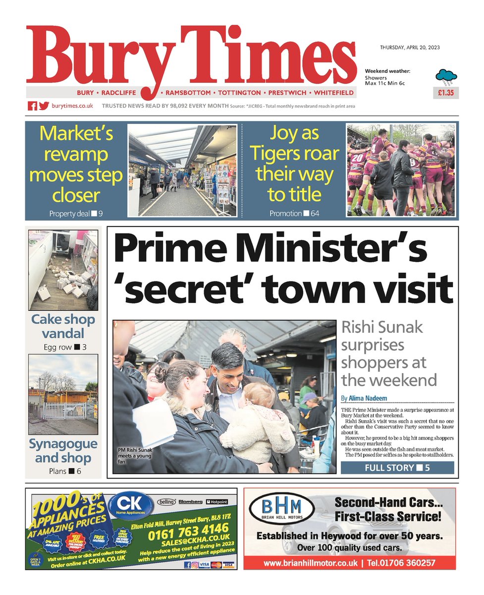 Front page of this week's <a href="/BuryTimes/">Bury Times</a> 📰 

"Prime Minister's 'secret' town visit"

#Bury #Radcliffe #Ramsbottom #Tottington #Prestwich #Whitefield #BuyAPaper #LocalNewsMatters #Newsquest #BuryAFC #BuryFC #BuryMarket #RishiSunak