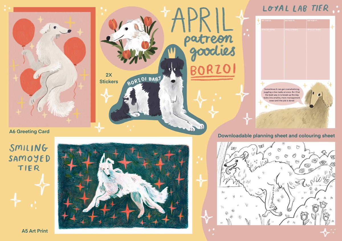 Every month on Patre🌼n, on my Smiling Samoyed tier, I send out goodies in the post. Each month has a different dog breed and this month is: Borzoi! 💖