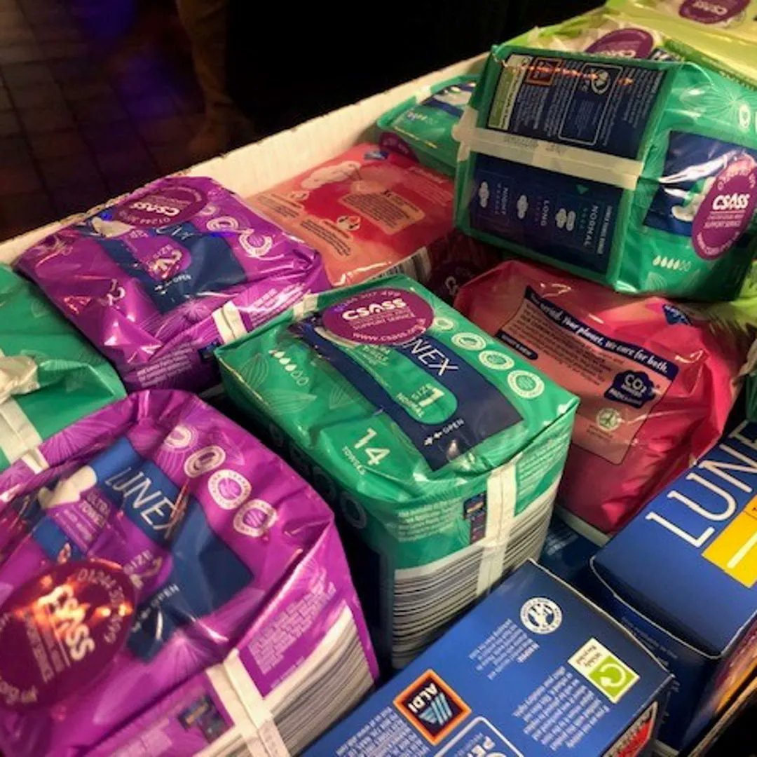 CSASService's tweet photo. Last night CSASS joined @SisterHubUK at @LacheLarder for a really informative chat from @PeriodPower2
25 packs of sanitary products were donated to give out, and each of them now has a CSASS sticker on as well!.
#sisterhub #periodpower #lachelarder #csass #stickwithus https://t.co/M7OtyLq8O4