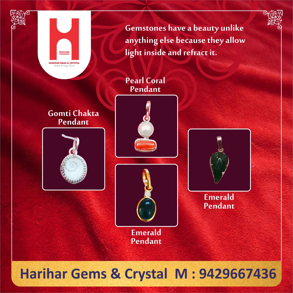 𝐆𝐞𝐦𝐬𝐭𝐨𝐧𝐞𝐬 have a beauty unlike 𝐚𝐧𝐲𝐭𝐡𝐢𝐧𝐠 else because they allow light 𝐢𝐧𝐬𝐢𝐝𝐞 𝐚𝐧𝐝 𝐫𝐞𝐟𝐫𝐚𝐜𝐭 𝐢𝐭.

#harihargems #harihargemscrystals #gemstones #pearlcoral #gomtichakta #pendant #sapphire #emerald #emeraldpendant #crystals #ahmedabad #gujrat #india