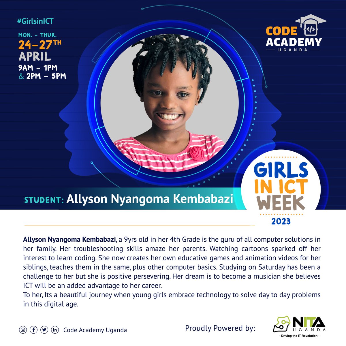 code_academy_ug's tweet image. Allyson's Story. Meet a 9 year making strides in ICT with coding #GirlsICTWeek2023 #DigitalSkillsforLife  @NITAUganda1 and @MoICT_Ug