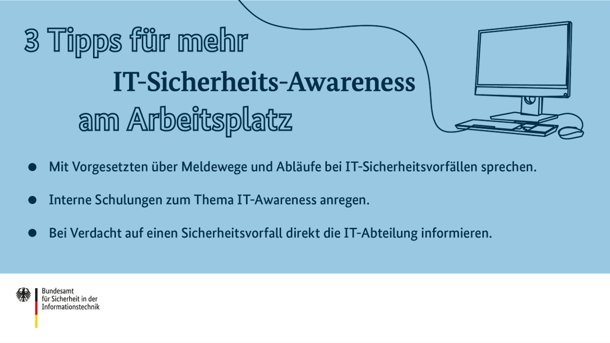 BSI_Bund's tweet image. Starke #Passwörter verwenden, #Sicherheitsupdates sofort installieren und #Spam-Mails nicht öffnen! Neben diesen grundlegenden Maßnahmen können Mitarbeitende noch mehr tun, um die IT-Sicherheit in ihrem Unternehmen eigenverantwortlich zu stärken. 
#DeutschlandDigitalSicherBSI