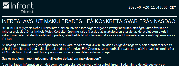 Borsredaktion's tweet photo. Få konkreta svar från Nasdaq angående makulerade avslut i #Infrea. Hela Direkts text nu på skärmen. $INFREA https://t.co/kPOjtnT2Ig