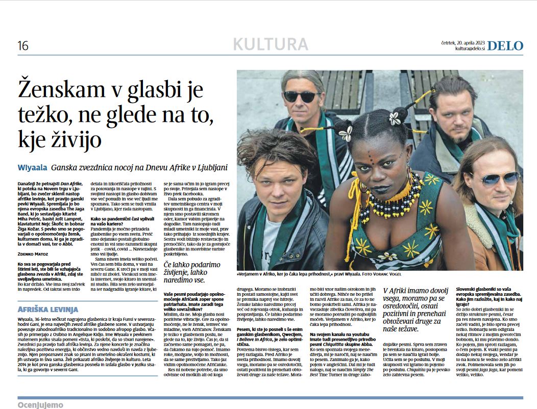 Slovenia newspaper Ne Delo publishes a feature  article by Zdenko Matozon on Ghanaian singer @Wiyaala who is in #ljubljana performing at the 12th international Africa Day Conference on #ClimateAction and #ClimateSecurity.