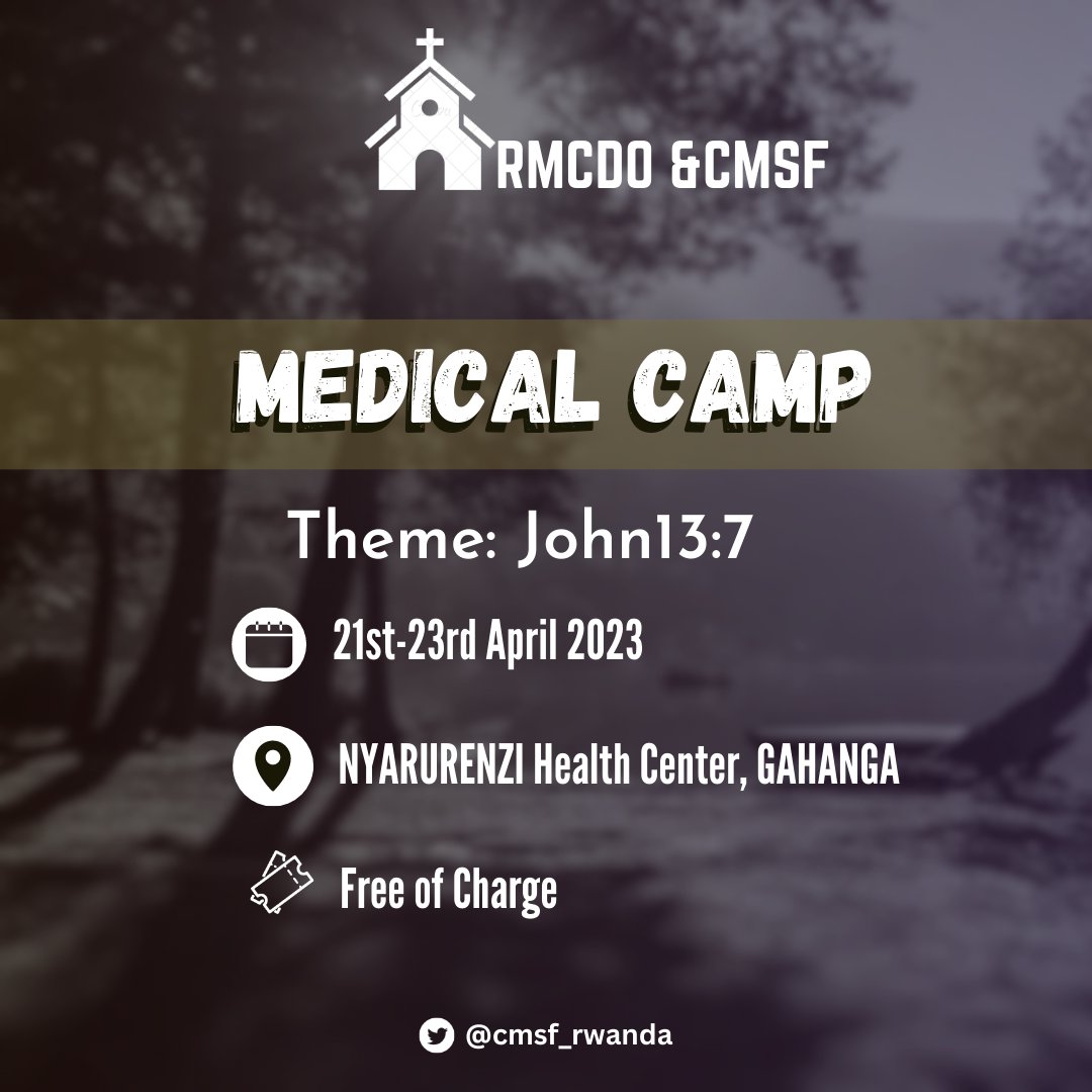 cmsf_rwanda's tweet photo. Tomorrow, @RCMDO_ &amp; @cmsf_rwanda Will start a medical camp at Gahanga Nyarurenzi health centre in @Nyarugenge district from 21st -23rd April 2023 . They Will be providing free healthcare services such as ENT, surgery,gyn,and IM. Don't miss this chance !!! https://t.co/aJxDJFnG2J