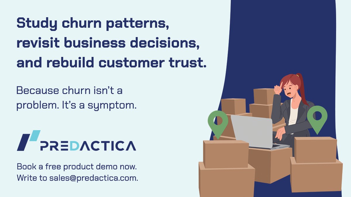 #Customerchurn isn't the problem, it's a symptom of issues like pricing, service expectations, location, competition, and more. Predict and prevent churn with Predactica's state-of-the-art algorithm! Get a free 30-day trial and product demo here: predactica.com/contact-us/ #ML #AI