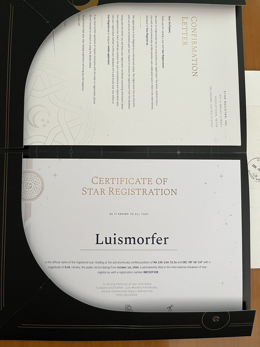 The confirmation letter has arrived.  NASA named a star after my late husband Luis Moreno Fernandez @CISC @IPP_CSIC  #lmorfer #luis #star #NASA