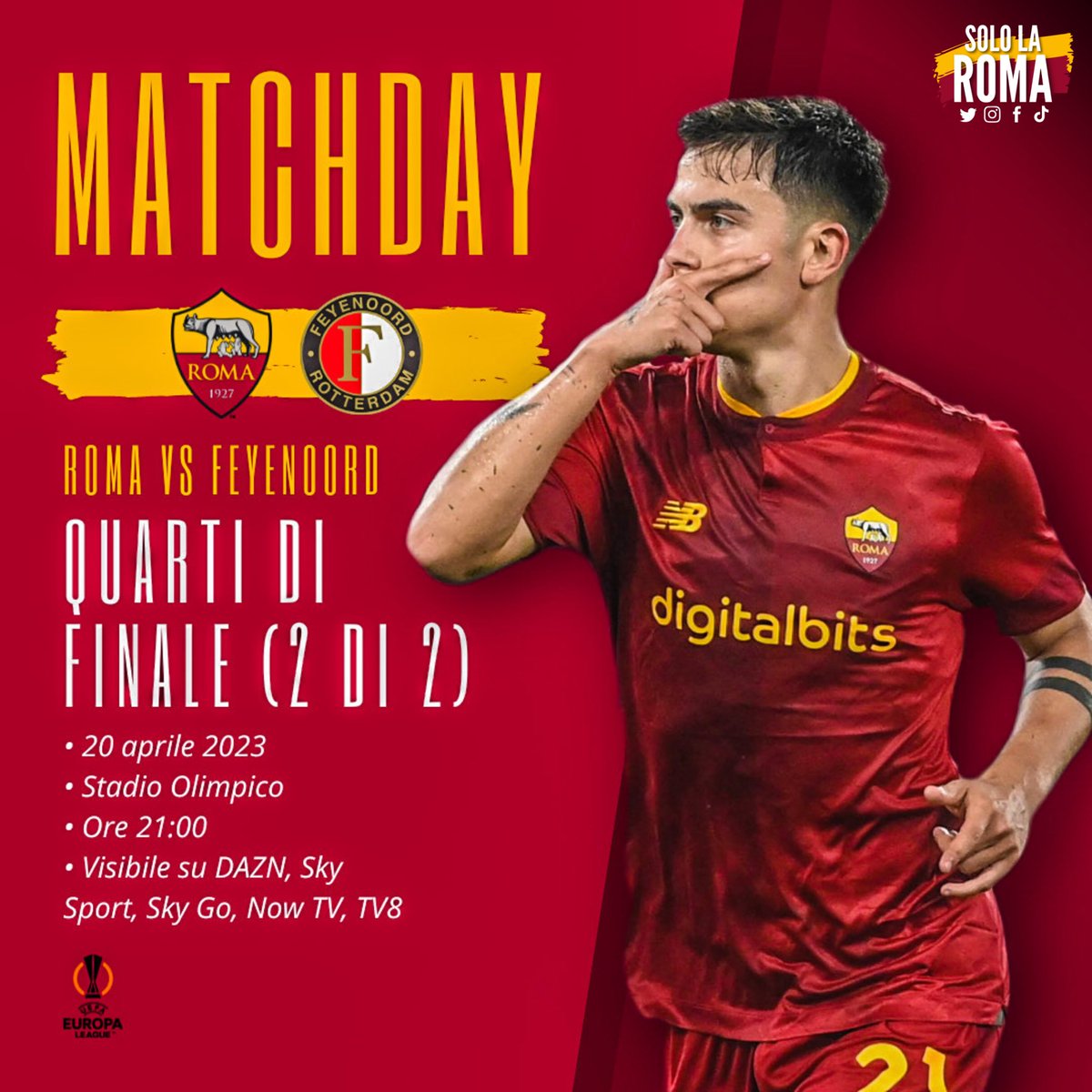 sololaromait's tweet photo. MATCHDAY! 🟡🔴
• Roma vs Feyenoord
• Quarti di finale di Europa League (2 di 2)
• 20 aprile 2023
• Stadio Olimpico
• Ore 21:00
• Visibile su DAZN, Sky Sport, Sky Go, Now TV, TV8

#ASRoma #EuropaLeague #RomaFeyenoord https://t.co/0Sv9OYtCnv