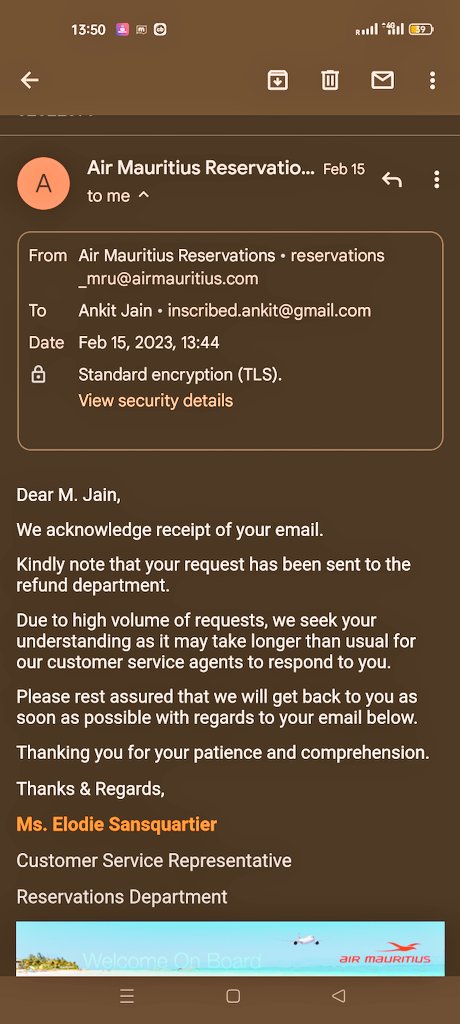 Truelyankit's tweet photo. @airmauritius been chasing your refund reservations team since February 2023 and not a single response after 10reminders on email.

Zero responsibility to refund ticket amount after 2months just out of your  incompetence to handle volumes.
Booking Ref: TSNXU9 https://t.co/hEvIYWJhIv