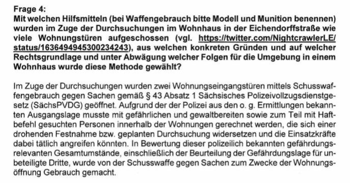 luna_le's tweet photo. Schusswaffeneinsatz und Fesselung von Menschen in der Eichendorffstr wird bestätig, Waffenmodell geheim gehalten. "Begründung": Gefährdung & Gewaltbeschreitschaft von Personen in den Wohnungen. Wtf! Vollkommen absurd. 2/2 #le1503 https://t.co/wCSWPDklTE