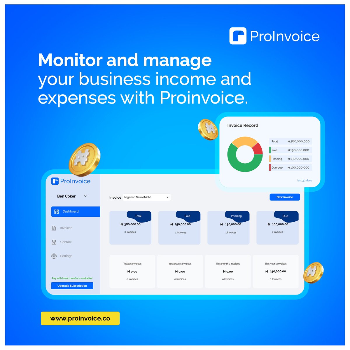 One of ProInvoice's capabilities allows you to automatically manage your clients' invoices and issue reminders when payments are due.
It saves you time and effort in your business with just one click, allowing you to concentrate on expanding it.

#freeinvoices #invoicegenerator