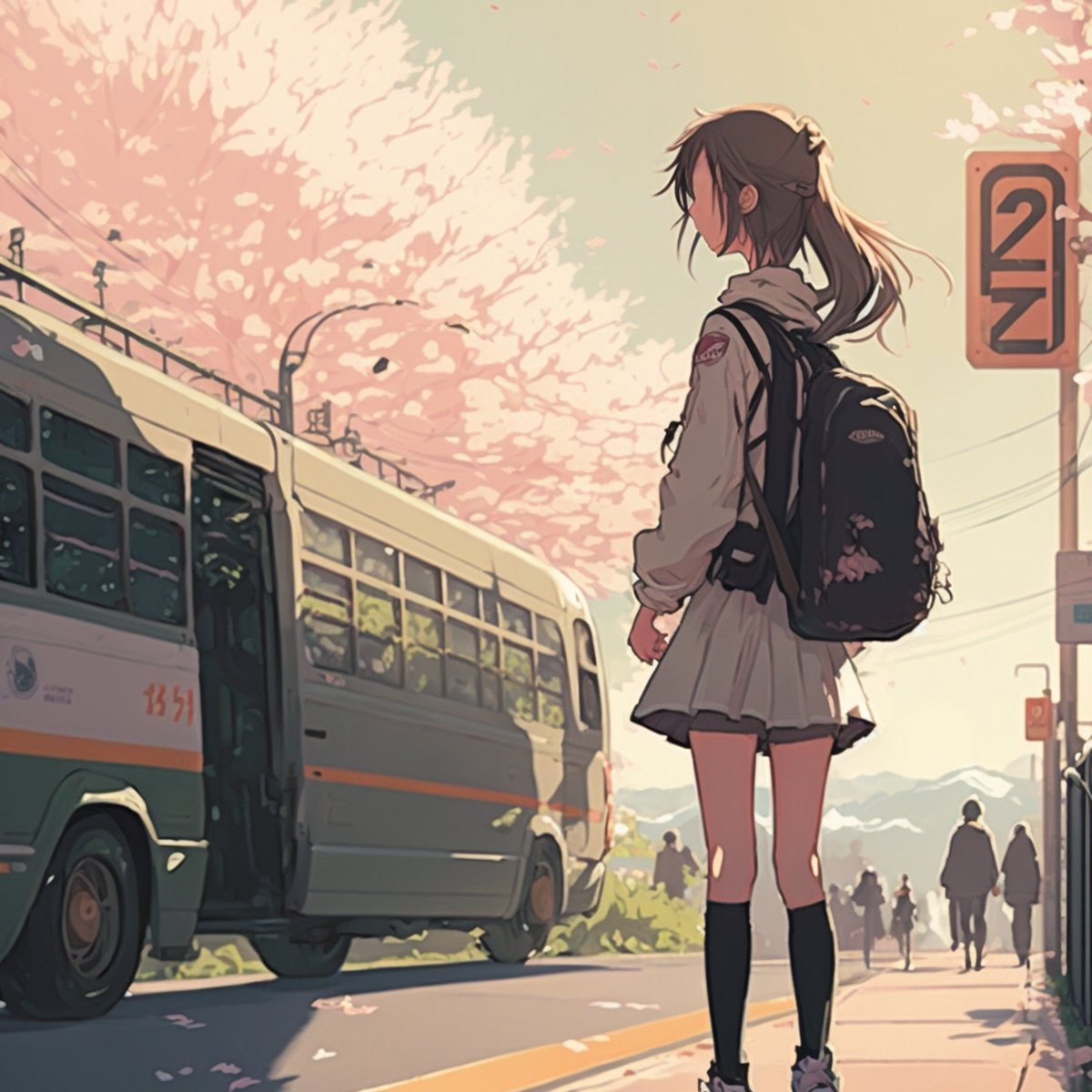 #Japanese #Schoolgirl waiting for the bus under a #Sakura tree🌸 

#japan #digitalart #newartist #aesthetics #AIArtwork #midjourney #animeaesthetics #AnimeArt #vibe #春 #wallart #painting #artwork #spring #桜